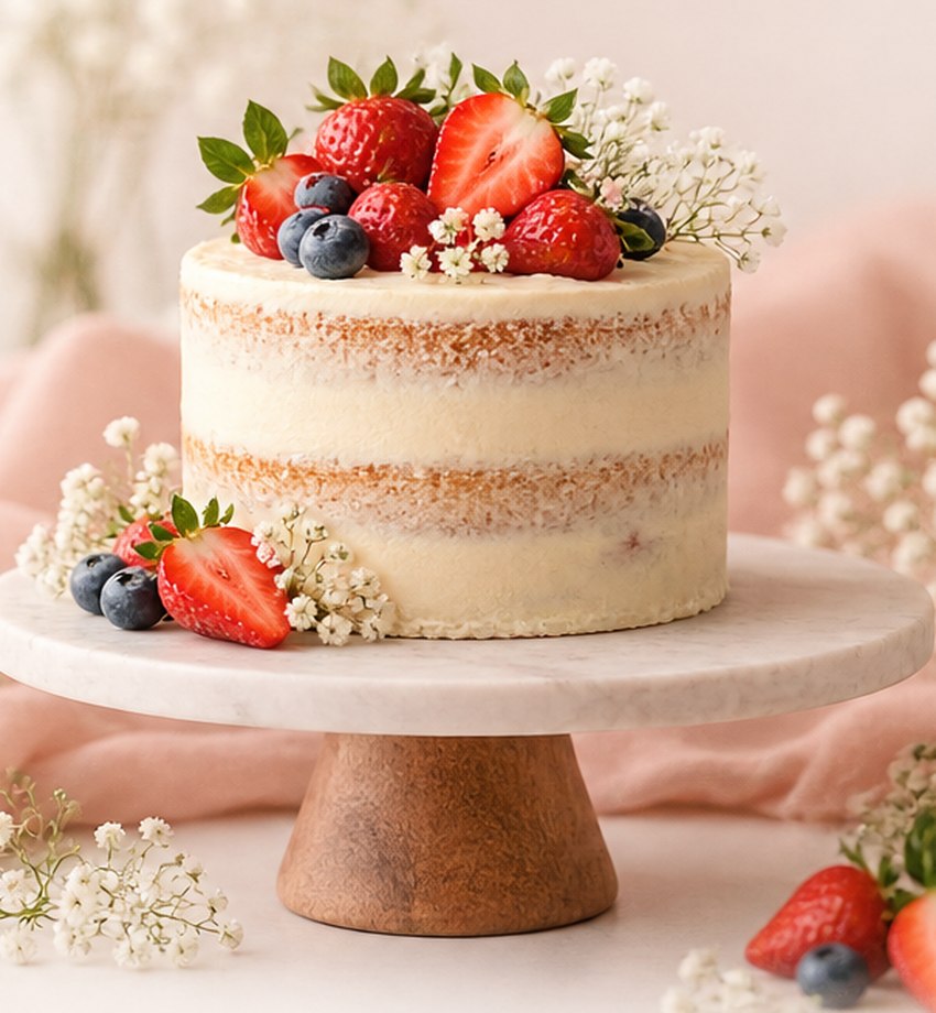 Berry-topped handcrafted dessert in delicate blush and cream tones